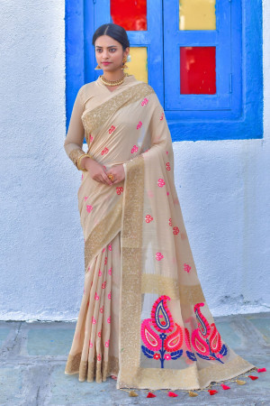 Beige color linen saree with woven work