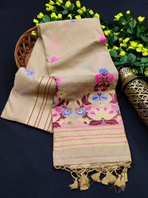 Cream color linen saree with zari weaving border