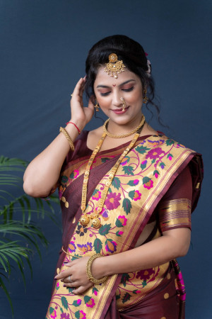 Brown color kanchipuram silk saree with zari weaving work