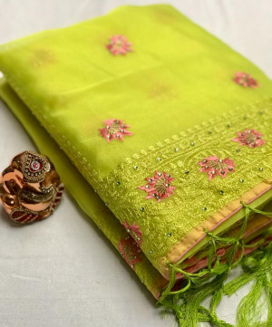 Green color soft organza silk saree with embroidery work