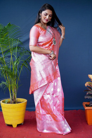 Baby pink color soft kanchipuram silk saree with zari weaving work
