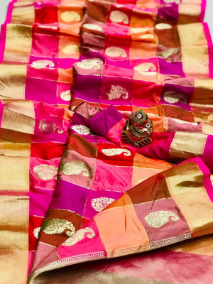Multi color soft banarasi silk saree with golden zari weaving work