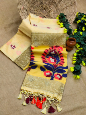 Yellow color pure handloom saree with meenakari work