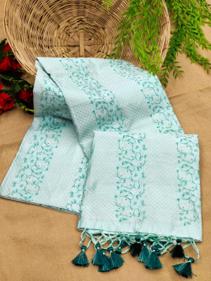 Firoji color linen silk saree with exclusive hand print