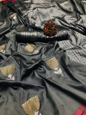 Gray color soft lichi silk saree with golden and silver zari weaving work