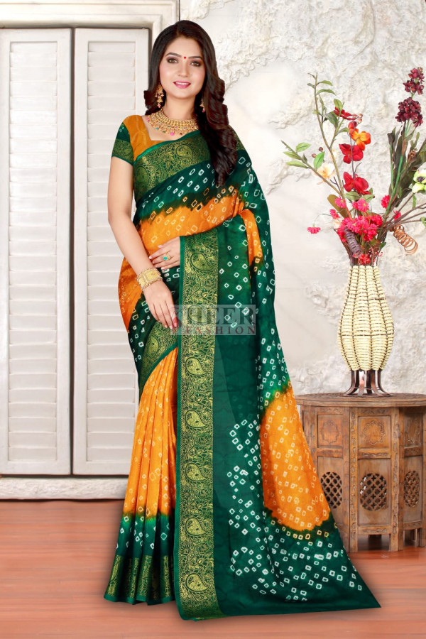 Yellow Bandhani Printed With Embroidered Border Chiffon Saree