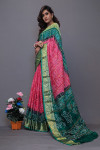 Pink and green art silk saree with hand bandhej print