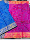 Royal blue color muslin silk saree with zari weaving work