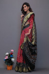 Red and black art silk saree with hand bandhej print