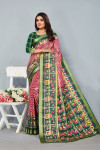 Green and pink color soft cotton saree with poatol printed work