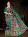 Green color soft cotton saree with block print work