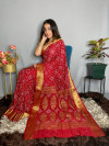 Red color bandhani silk saree with zari weaving work