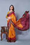 Mustsrd yellow and purple color bandhani silk saree with khadi printed work