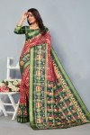 Green and red color soft cotton saree with patola printed work