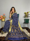 Navy blue color bandhani silk saree with khadi print work