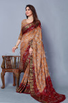 Beige and maroon color bandhani silk saree with khadi printed work