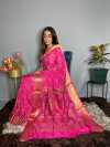 Pink color soft bandhani silk saree with khadi print work