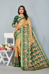 Mehndi green and yellow color soft cotton saree with poatol printed work