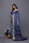 Gray and blue art silk saree with hand bandhej print