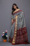 Gray and maroon art silk saree with hand bandhej print