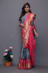 Gray and pink art silk saree with hand bandhej print