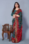 Green and maroon color bandhani silk saree with khadi printed work