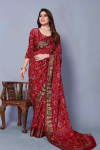 Maroon color bandhani silk saree with khadi printed work