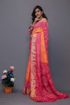 Orange and pink art silk saree with hand bandhej print