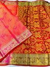 Peach color muslin silk saree with zari weaving work