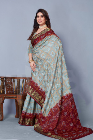 Gray and maroon color bandhani silk saree with khadi printed work