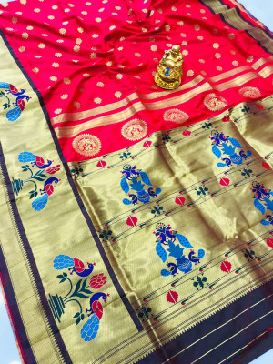 Rad color paithani silk saree with golden zari weaving work