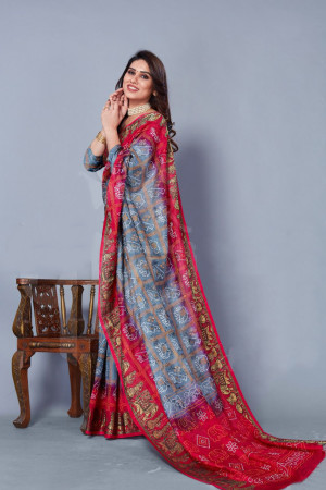 Gray and pink color bandhani silk saree with khadi printed  work