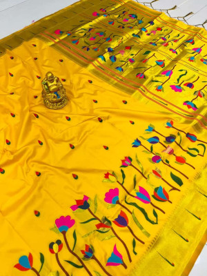 Yellow color paithani silk saree with golden zari weaving work