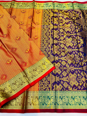 Mustard yellow color muslin silk saree with zari weaving work