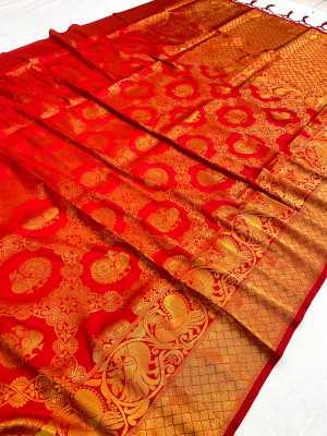 Red color banarasi silk sareee with zari weaving work