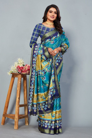 Firoji and blue color cotton saree with patola printed work