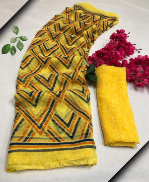Yellow color moss chiffon saree with printed work