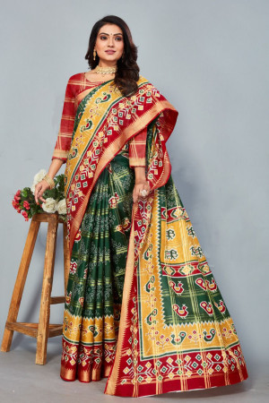 Green and red color cotton saree with patola printed work