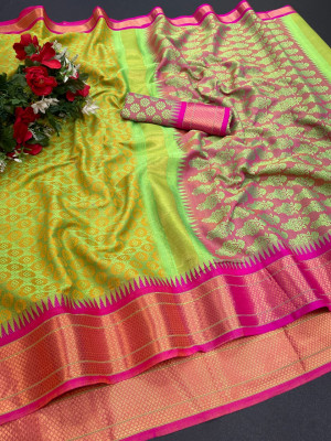 Parrot green color soft cotton saree with woven design