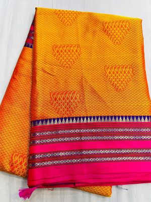 Mustard yellow color kanchipuram silk saree with golden zari weaving work