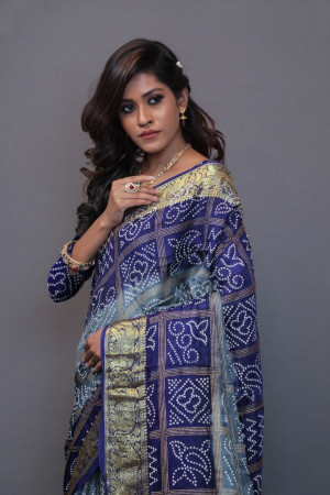 Gray and blue art silk saree with hand bandhej print