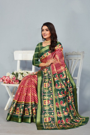 Green and red color soft cotton saree with patola printed work