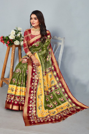 Mahendi green and maroon color cotton saree with patola printed work