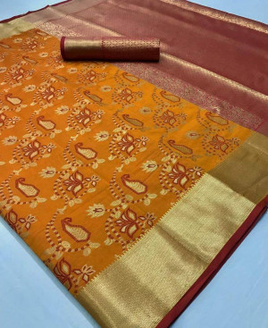 Mustard yellow color banarasi silk saree with heavy weaving work