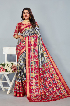 Rani pink and blue color soft cotton saree with poatol printed work