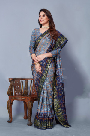 Gray and navy blue color bandhani silk saree with khadi printed work