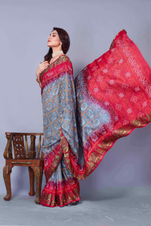 Gray and pink color bandhani silk saree with khadi printed  work