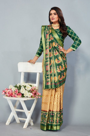 Mehndi green and yellow color soft cotton saree with poatol printed work