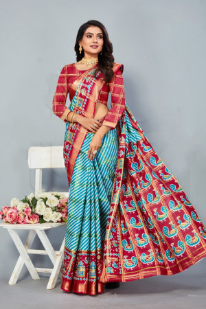 Pink and sea green color soft cotton saree with patola printed work
