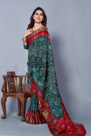 Green and maroon color bandhani silk saree with khadi printed work